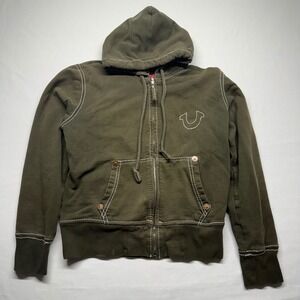 True Religion Hoodie Mens L Fits S Olive Zip Y2K Contrast Stitch